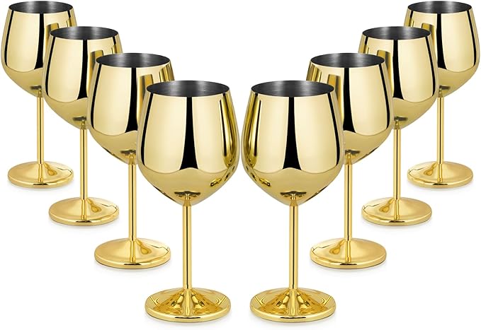 Lifecapido Stainless Steel Wine Glasses Set of 8, 18oz Stainless Steel Wine Goblets, Stemmed Metal Wine Glasses with Cup Brush for Party Office Wedding Anniversary, Great for Red White Wine (Gold)