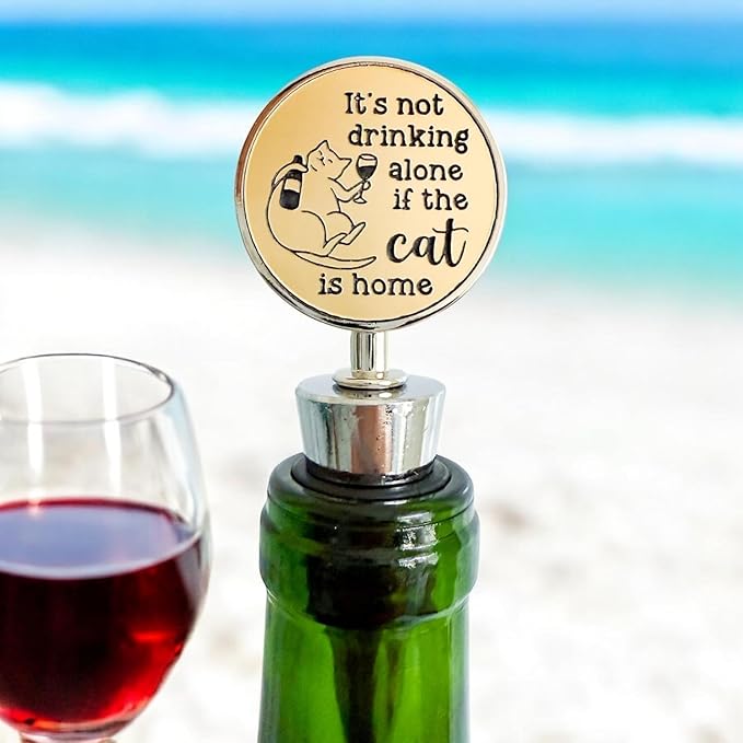 Jazzy Jade Designs Cat Wine Stopper - It’s Not Drinking Alone If the Cat is Home! Funny Wine Stopper 100% Food Grade Rubber Seal & Zinc Alloy, Laser Engraved in USA by a Small Business