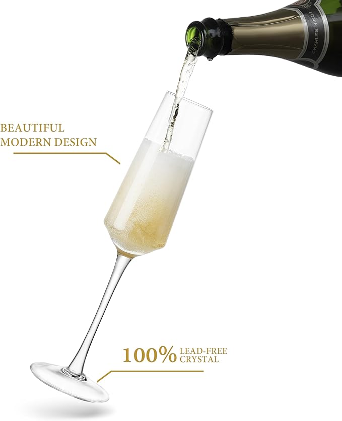 Crystal Champagne Flutes Glass Set of 2, Hand Blown Champagne Glasses 7OZ with Long Stem, Premium Elegant Flutes for Prosecco, Sparkling Wine, Mimosas, Wedding, Christmas
