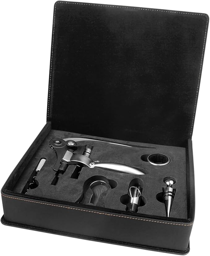 Black Leather 5-Piece Wine Tool Gift Set (includes bottle opener, corkscrew, bottle stopper, drip collar, decanting pourer, foil cutter in velvet lined gift box)