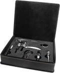 Black Leather 5-Piece Wine Tool Gift Set (includes bottle opener, corkscrew, bottle stopper, drip collar, decanting pourer, foil cutter in velvet lined gift box)