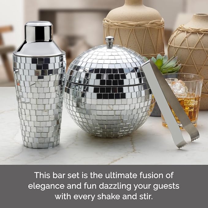 Mikasa Disco Beats 3-Piece Mirrored Bar Set with Cocktail Shaker, Ice Bucket, and Tongs – Glamorous Silver Mosaic Design for Stylish Home Entertaining