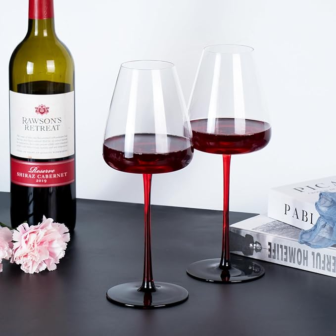 KAMMAK Wine Glasses Set of 2, 16.06 oz Hand Blown Crystal Bordeaux Wine Glasses, Thin Rim & Long Stem, Perfect for Red & White, Daily Use, Wedding or Birthday Gift with Gift Box, XH-H245 Black Base