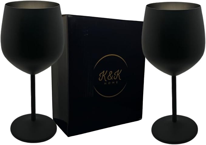 K&K Home Black Matte Stainless Steel Unbreakable Wine Glasses - 18 oz - Set of 2 Colored, Stemmed Metal Wine Glasses Perfect for Outdoors, Weddings, and Parties (Matte Black, Set of 2)