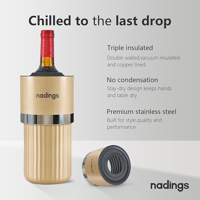 Iceless Wine Chiller - Keeps Cold 6+ Hours, Portable Vacuum Insulated Stainless Steel Champagne Cooler, Fits Most Wine Champagne & Liquor Bottles, Perfect Gift for Wine Lovers (Champagne)