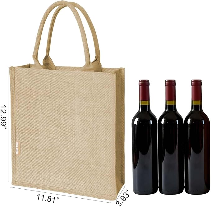 Jute Burlap 3 Bottle Wine Gift Tote Bags with Soft Cotton Handles Reusable for Wedding, Parties,Birthdays