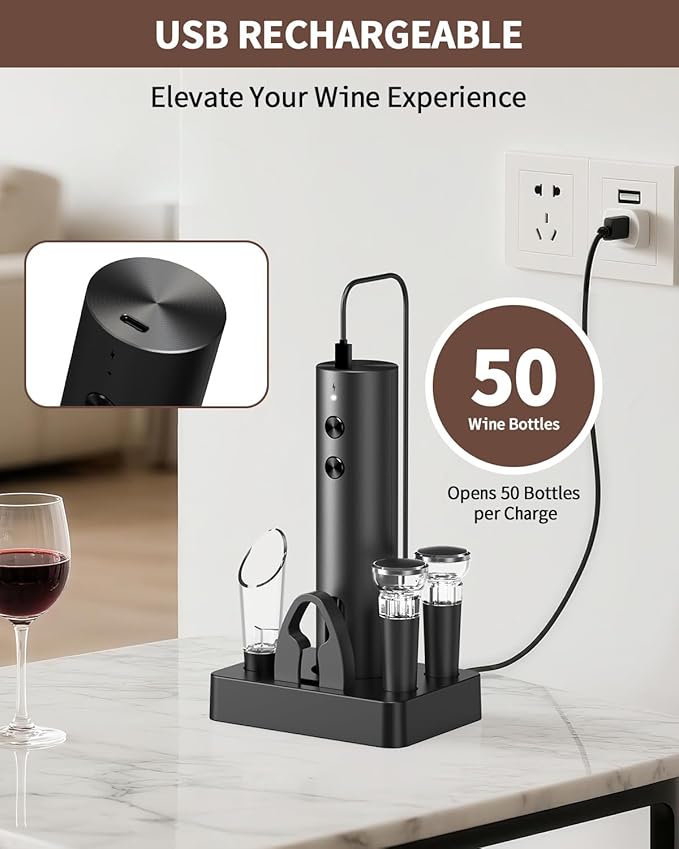 CIRCLE JOY Rechargeable Electric Wine Opener, 6-In-1 Cordless Electric Wine Bottle Opener with Pourer, Foil Cutter, 2 Vacuum Preservation Stoppers and Storage Base, Gifts for Wine Lovers