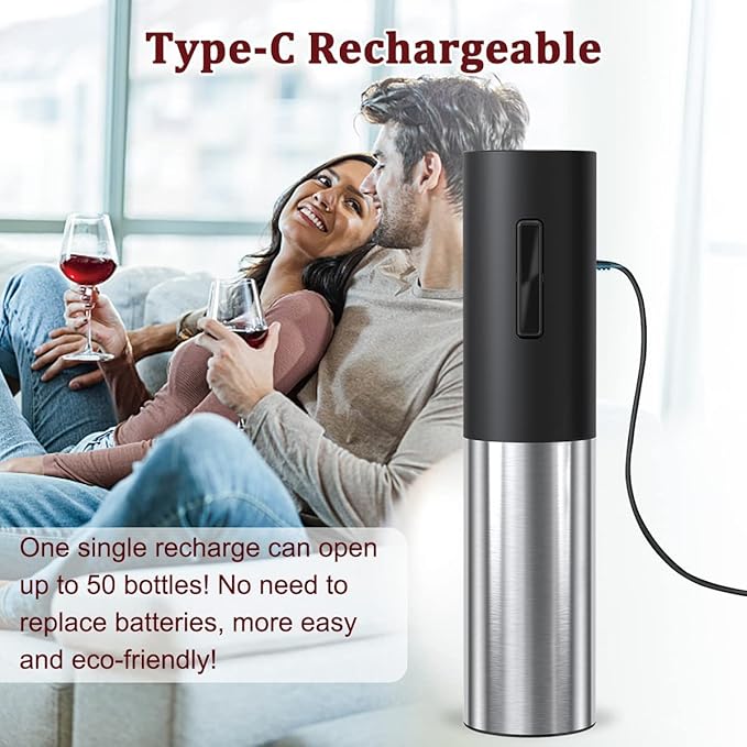 Electric Wine Opener Rechargeable, Automatic Wine Bottle Openers with Foil Cutter and USB Cable, Gift Wine Corkscrew for Home Kitchen Party Bar - Stainless Steel, One-click Button