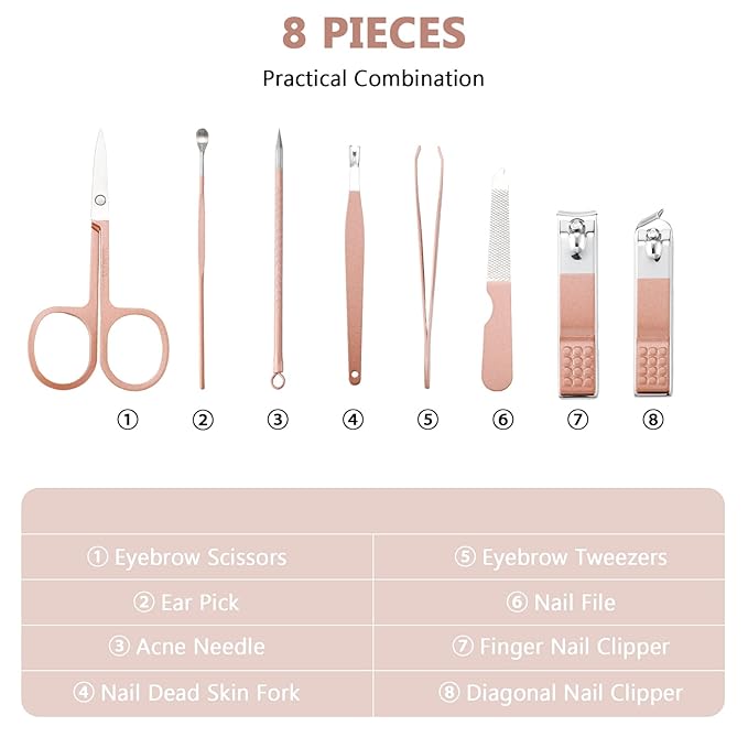 Geosar 12 Sets Manicure Set Nail Clippers Pedicure Kit 8 in 1 Grooming Stainless Steel Kits Nail Care Tools with Travel Case for Employee Coworker Teachers Nurse Gifts(Rose Gold)