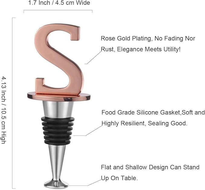 Miicol Wine Bottle Stopper, Prosecco Topper, Rose Gold Wine Stopper, Personalised Champagne Stopper, Initial Funny Prosecco Gift, Wine Lovers Gift, Kitchen Decor, Letter S