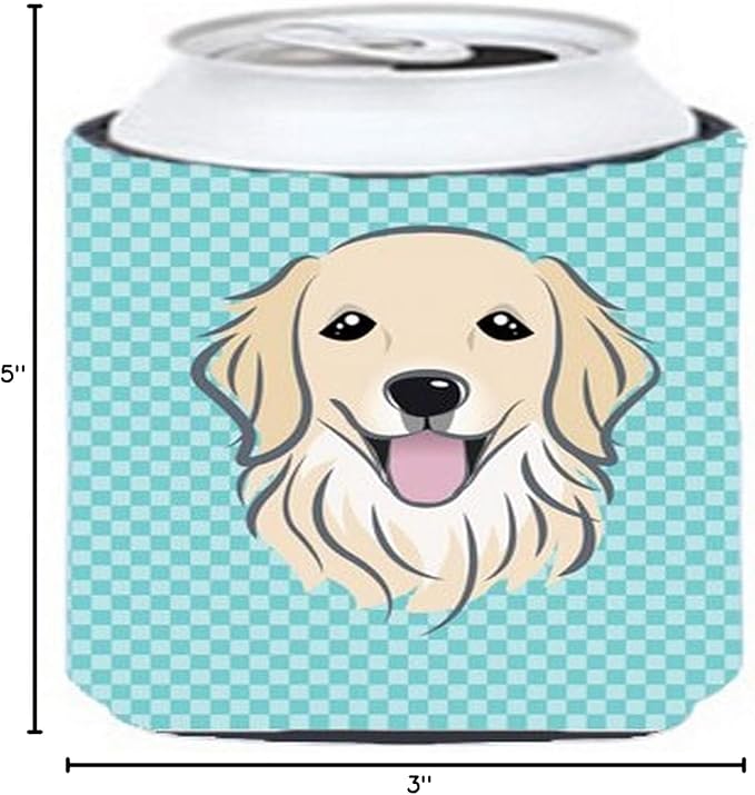 Caroline's Treasures BB1143CC Checkerboard Blue Golden Retriever Can or Bottle Hugger Cooler Washable Drink Sleeve Collapsible Beverage Insulated Holder, Can Hugger, Multicolor