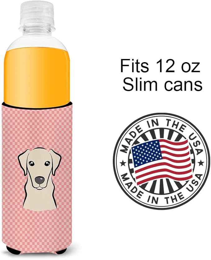 Checkerboard Pink Yellow Labrador Ultra Beverage Insulators for slim cans BB1222MUK