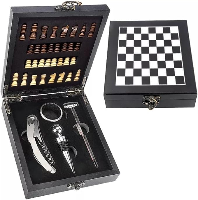 Luxury Wine Accessory & Gift Set - Corkscrew, Stopper, Pourer, and Games! ((Chess/Blackwood))