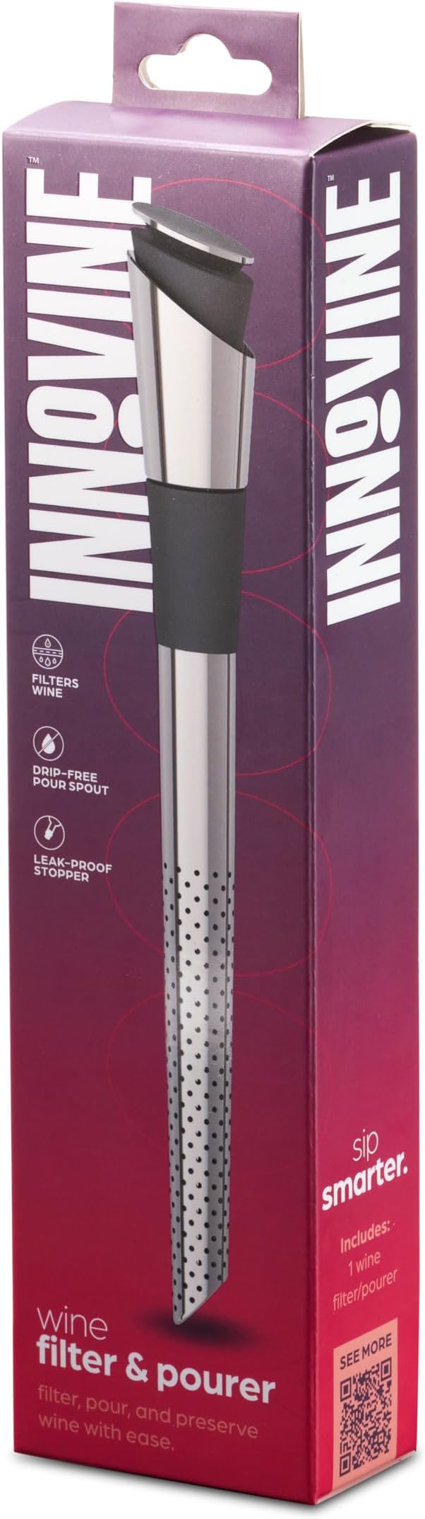 Wine Filter and Pourer – Drip-Free Stainless Steel Wine Spout with Integrated Filter and Leak-Proof Silicone Stopper – Removes Sediment, Softens Tannins and Preserves Wine – Dishwasher Safe