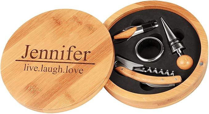 Personalized Bamboo Round 4 Piece Wine Tool Set