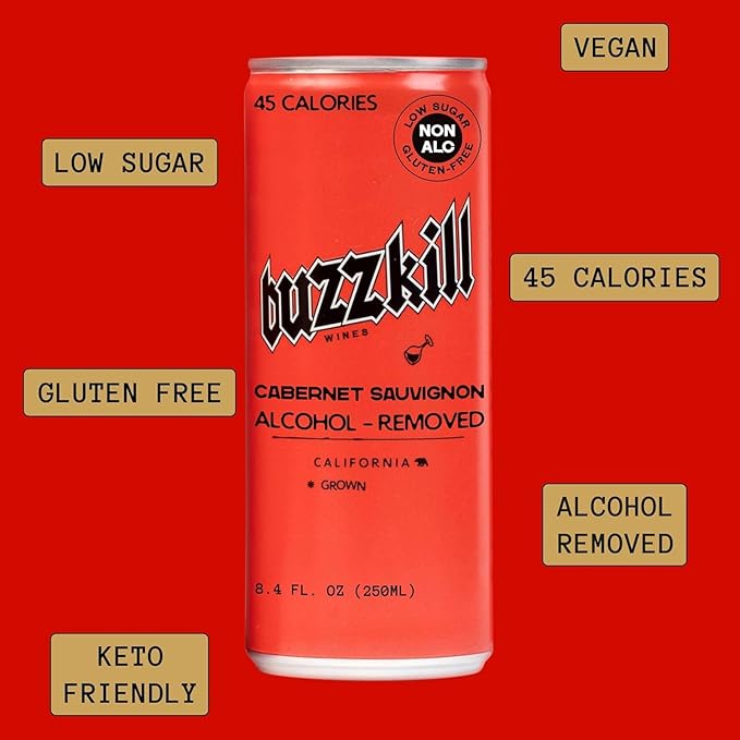 Buzzkill Wines - Non-Alcoholic Cabernet Sauvignon | Dealcoholized California Dry Red Wine, Gluten-Free, Alcohol-Free, Low Sugar, 45 Calories, Pack of 4, (8.4 fl. oz. each can) 33.8 FL Oz