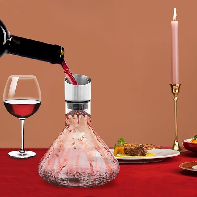 Wine Decanter,Red Wine Carafe with Built-in-Aerator, Wine Aerator, Wine Gifts for Christmas, Stainless Steel Pourer Lid, Filter, 100% Hand Blown Crystal Glass, 1500ml/50.73Oz