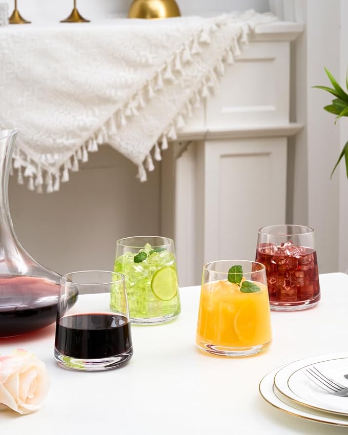 Stemless Wine Glasses Set of 4, 13.5 oz Hand-blown Whiskey Glasses for Red and White Wine, Universal Drinking Glasses for Water, Juice, Thickened Base & Dishwasher Safe, SWG-400-4