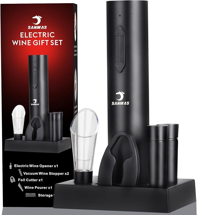 SANMAS Rechargeable Electric Wine Opener Set, 5-in-1 Automatic Corkscrew with Foil Cutter & Wine Aerator Pourer, 2 Vacuum Stoppers, Type-C Cable & Stand | Complete Wine Accessories Kit Gift Box
