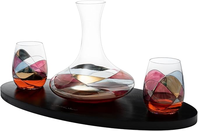 Artisanal Hand-Painted Decanter & Stemless Wine Glasses Set – Mother’s Day, Wife, Mom, or Friends – Romantic Stained Glass Windows, 2-Piece Set – Birthday or Housewarming Gift Idea