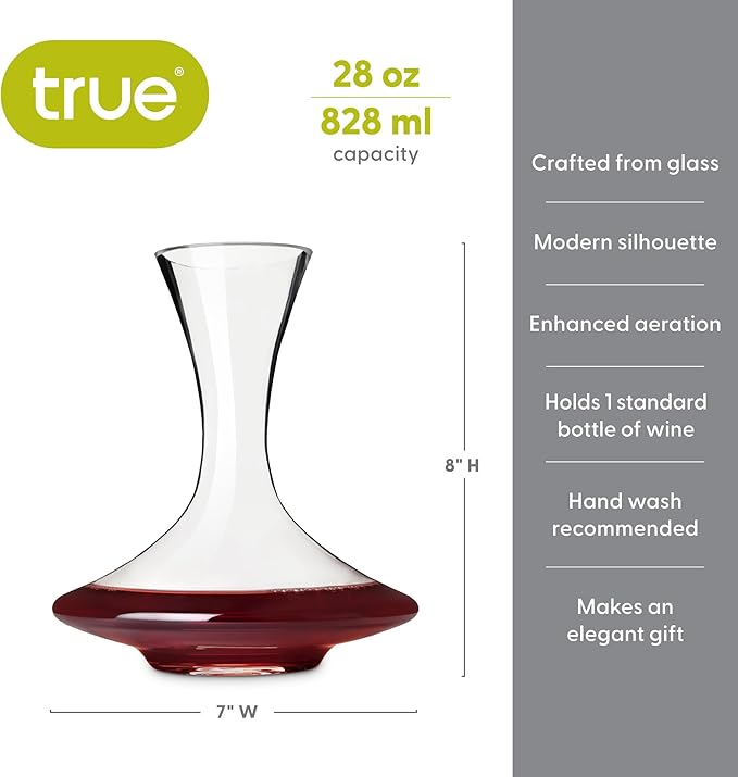 True Petite Wine Decanter, Glass Carafe, Red and White Wine, Wine Aeration, Bar Gadgets, Wine Lover Gifts, Holds 1 Standard Bottle, 28 oz