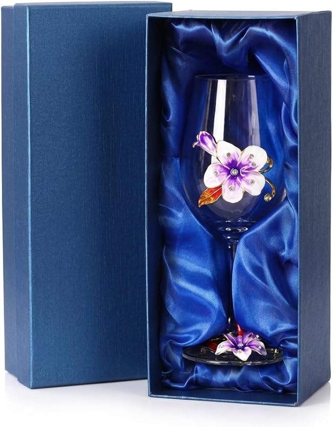 Simcat Handmade Painted Enamel Flower Glass Wine Glasses Transparent Refined Goblet, Stem For Cabernet, Gifts (purple single gift box1)
