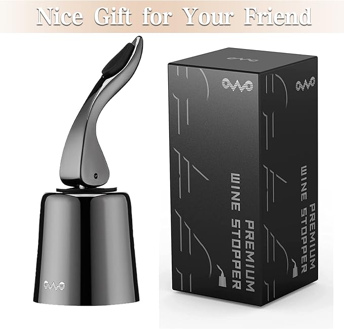 OWO Stainless Steel Wine Bottle Stopper, Reusable Wine Saver with Silicone Seal, Decorative Bottle Sealer, Keeps Fresh（Metal Black, 1 Pack)
