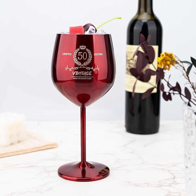 50th Birthday Gifts Wine Glass for Her Women, Stainless Steel Metal Unbreakable Decoration Glasses Red Cup 17oz with Vintage Print-Unique 50 Year Old Present for Mom Wife Sister Friend