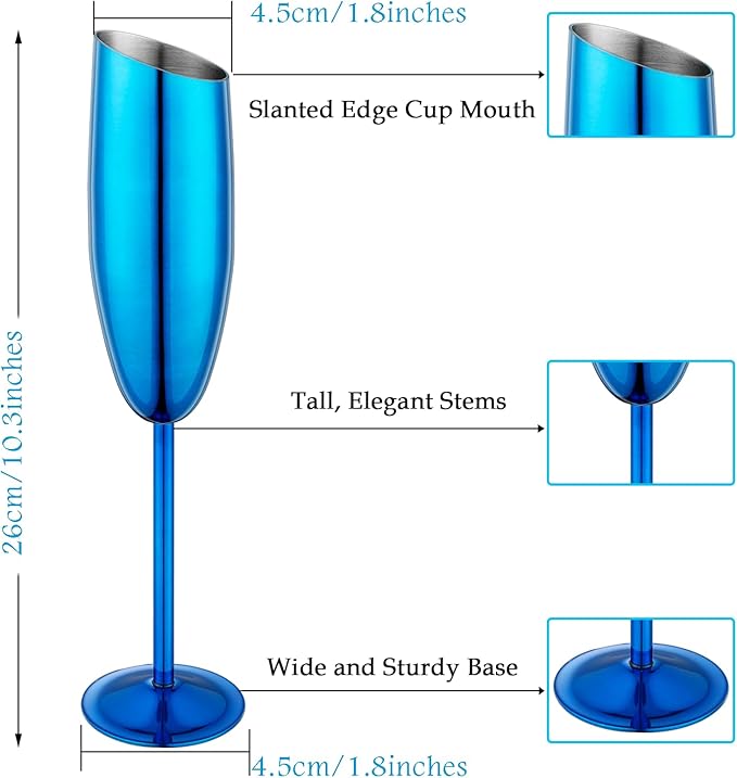 Champagne Flutes Set of 4, Premiumty Stainless Steel High Footed Champagne Glasses, 7oz Capacity,Unbreakable Slanted Champagne Glasses
