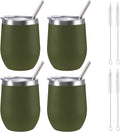 12 oz Insulated Wine Tumbler with Lid and Straw,Stainless Steel Stemless Wine Tumbler Glasses Double Wall Vacuum Wine Cups Tumbler Bulk for Coffee,Champaign,Office(Navy Green,4)