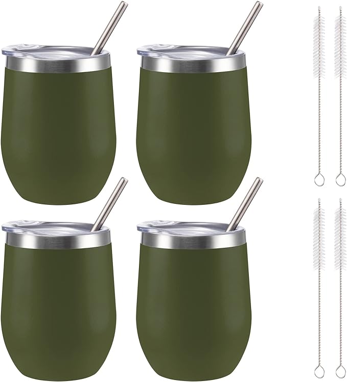 12 oz Insulated Wine Tumbler with Lid and Straw,Stainless Steel Stemless Wine Tumbler Glasses Double Wall Vacuum Wine Cups Tumbler Bulk for Coffee,Champaign,Office(Navy Green,4)