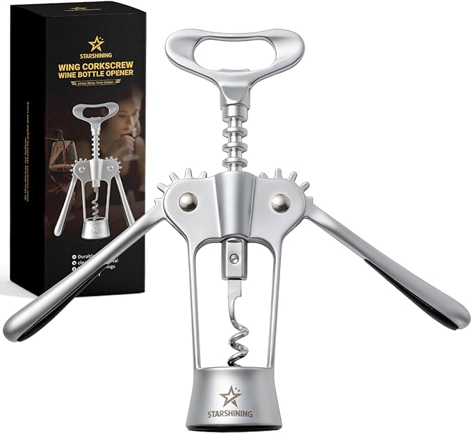 Wine Opener,Heavy-Duty Zinc Alloy Wing Corkscrew Wine Bottle Opener with Sharp Spiral Screw,Round Handles,Matte Silver