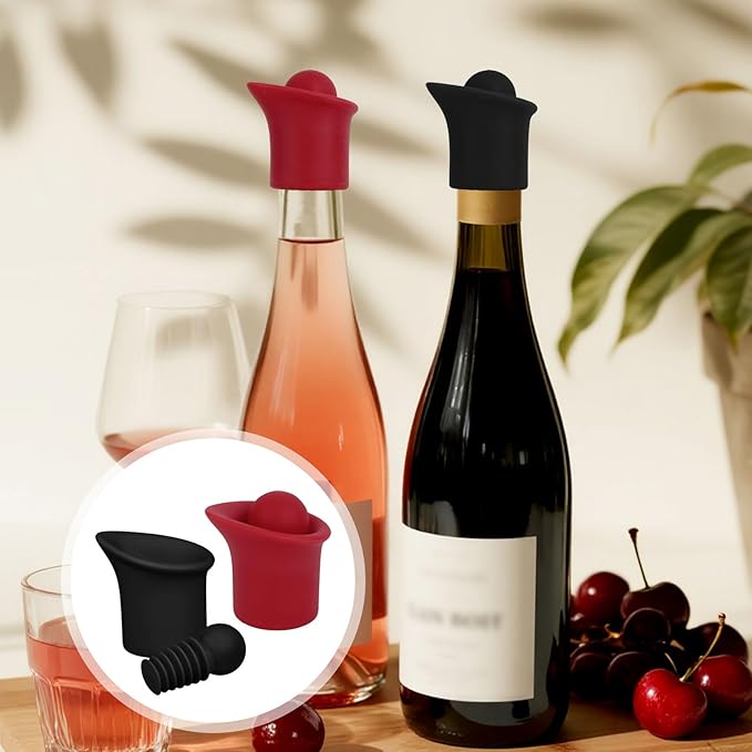 2 Set 2 In 1 Silicone Wine Bottle Stoppers & Pourers, Wine Spout Sealer Preserver Glass Champagne Caps with Vacuum Reusable & Easy to Clean Home Bar Restaurant Accessories(Black, Red)