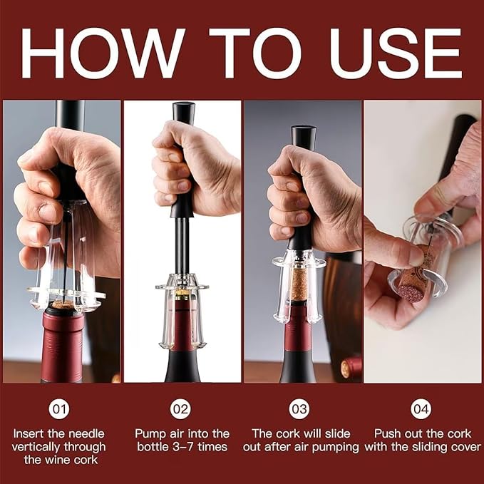 Wino on the go Wine Opening Set,Air Pressure Pump Wine Bottle Opener,Easy Cork Remover Corkscrew,Corkscrew Wine Opener Wine Opener Aluminum Alloy Handle(Red)