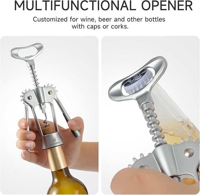 Wine Opener,Heavy-Duty Zinc Alloy Wing Corkscrew Wine Bottle Opener with Sharp Spiral Screw,Round Handles,Matte Silver