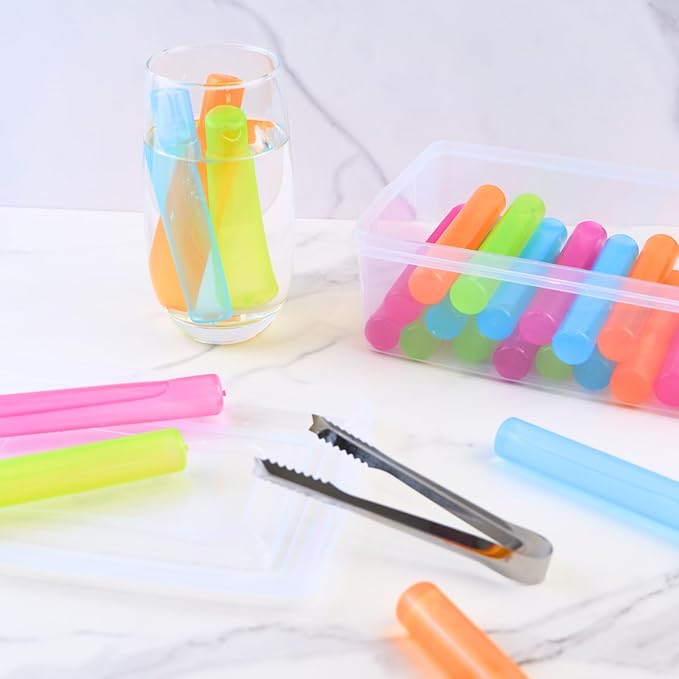 24 Pack Reusable Ice Cube with Lid and Bin, Plastic Ice Cubes for Drinks BPA Free, Washable Freezable Ice Sticks for Water Bottles, Whiskey, Vodka, Coffee, Beer, Wine