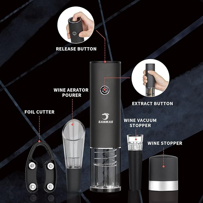 SANMAS Rechargeable Electric Wine Bottle Opener Set - Automatic Corkscrew with Foil Cutter, Wine Stopper & Aerator Pourer - Ideal Gift for Wine Lovers