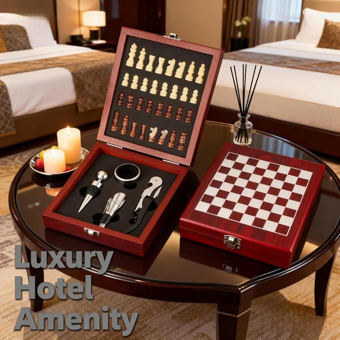 Wine Opener Gift Set with Chess Board, 5 in 1 Elegant Wine Accessories Kit with Waiter's Corkscrew, Pourer, Stopper & Foil Cutter, Unique Gifts for Wine Lovers & Hosts