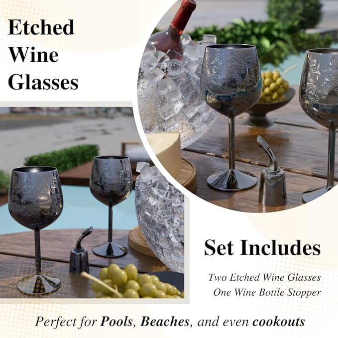 Mother’s Day Gift for Mom – Set of 2 glossy black Stainless Steel Wine Glasses, 17oz Engraved Goblets with Bottle Stopper, Unbreakable Elegant Wine Cups, Gift for Women, Wife, Mom, Sister