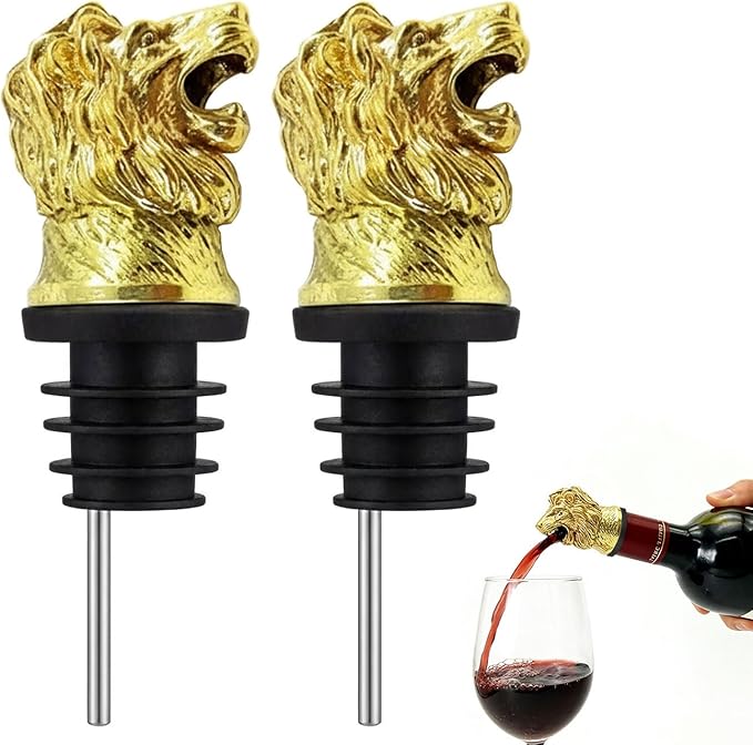 Lion wine spouts Animal head wine pourer gold Menagerie wine aerator whiskey bottle pour spout set of 2pcs (golden)