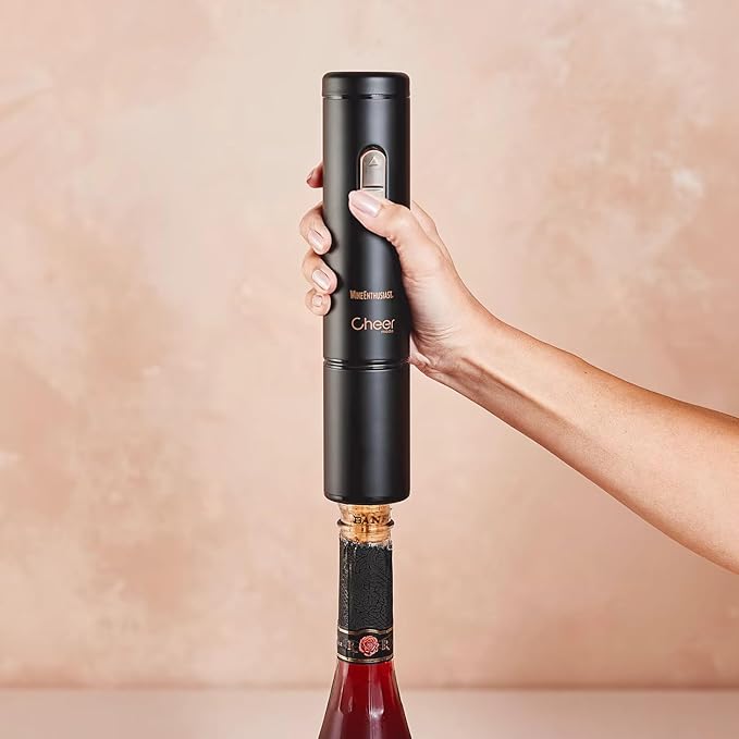 Wine Enthusiast x Cheer Moda Electric Sparkling Wine Opener – Automatic Champagne Bottle Opener with Cork Release & Stopper – Stainless Steel Electric Wine Tool – Battery Powered – U.S. Exclusive