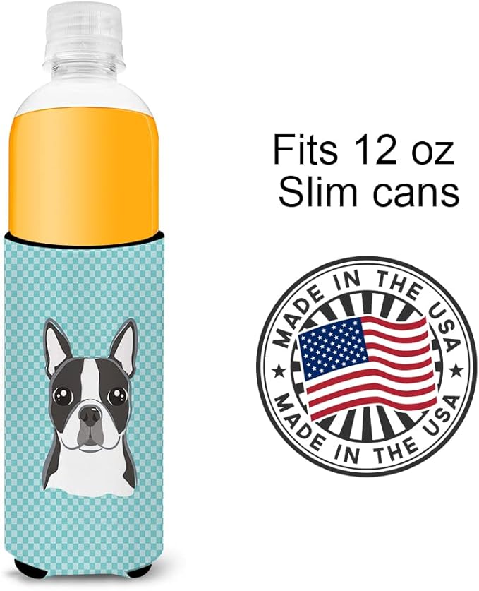 Checkerboard Blue Boston Terrier Ultra Beverage Insulators for slim cans BB1141MUK
