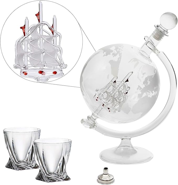 Whiskey Decanter Set 35 oz - Men's Whiskey, Wine and Bourbon Shaker with 2 Diamond Alcohol Glasses - Etched Globe Glass Decanter with Ship - Dads Gifts for Holiday (Glass Ship)