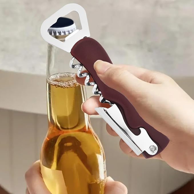 Stainless Steel Wine Key with Foil Cutter:Waiters Corkscrew Opener Beer Bottle Opener (Wine Red)