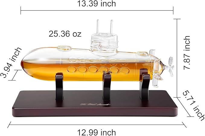 Submarine Whiskey & Wine Decanter Set - Wood Base 25oz Crystal Glass Dispenser Navy Nautical Naval Maritime Anniversary Birthday Gifts Men Who Have Everything Holiday Gifts, Father Husband Boyfriend