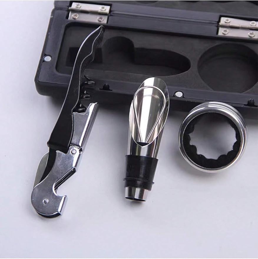 Wine Bottle Shaped Opener Gift Set, 5 Piece Wine Accessories Kit with Corkscrew, Bottle Stopper, Pourer, Foil Cutter, Drip Ring, Black Case, Perfect for Birthday, Wedding, Anniversary, Christmas