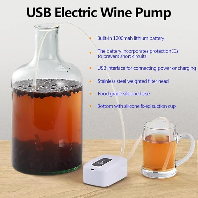 Portable Food Grade USB Electric Auto Siphon self priming Pump for bottling Home Brew Wine,Beer,Beverages and Kombucha,Rechargeable Wine Transfer Pump Kit with 6.5 Feet hose,No Mess Leak 2L/min