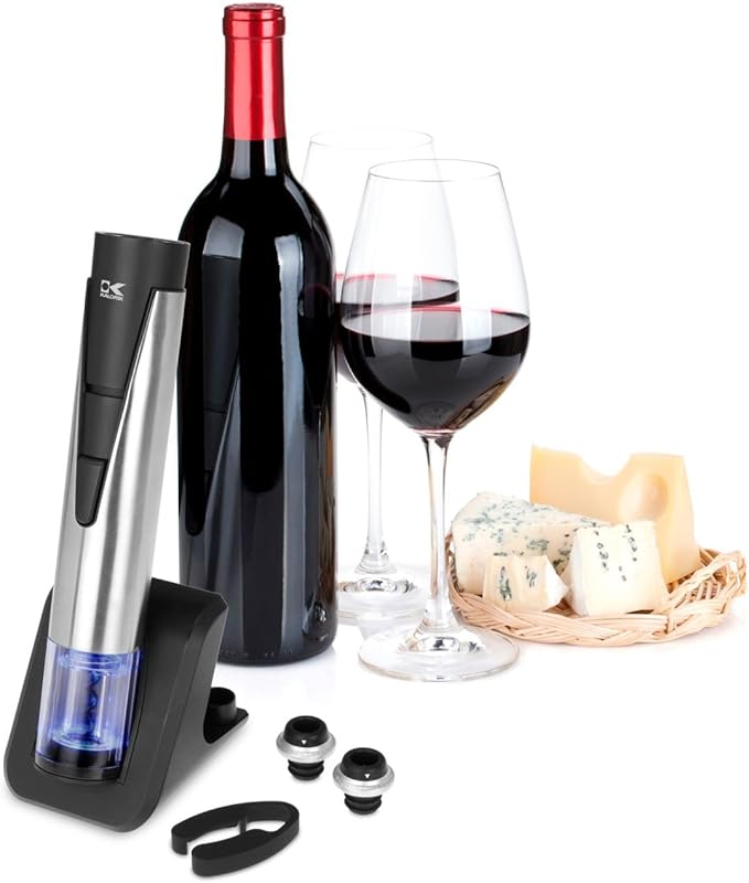 Kalorik Electric Wine Opener and Preserver Includes 2-in-1 Bottle Opener and Preserver Wine Pourer and 2 Stoppers Foil Cutter and Charging Base, Stainless Steel