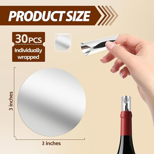 30Pcs Individually Wrapped Wine Pourer Discs, 3 Inch Disposable Anti-Drip Silver Pour Spouts for Liquor Bottles, Single-Use Design Prevents Flavor Mixing