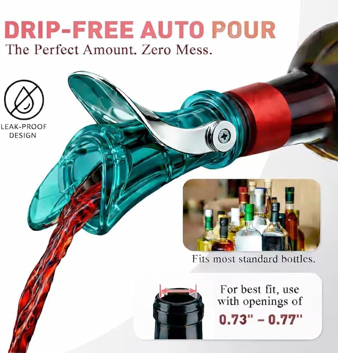 IOV Wine Pour Spout, Upgraded Sealing Liquor Bottle Pourers, Auto Flip Olive Oil Dispenser Spout, Pourer with Dust Caps for Alcohol, Vinegar and Syrup, No-Drip Wine accessories, Blue
